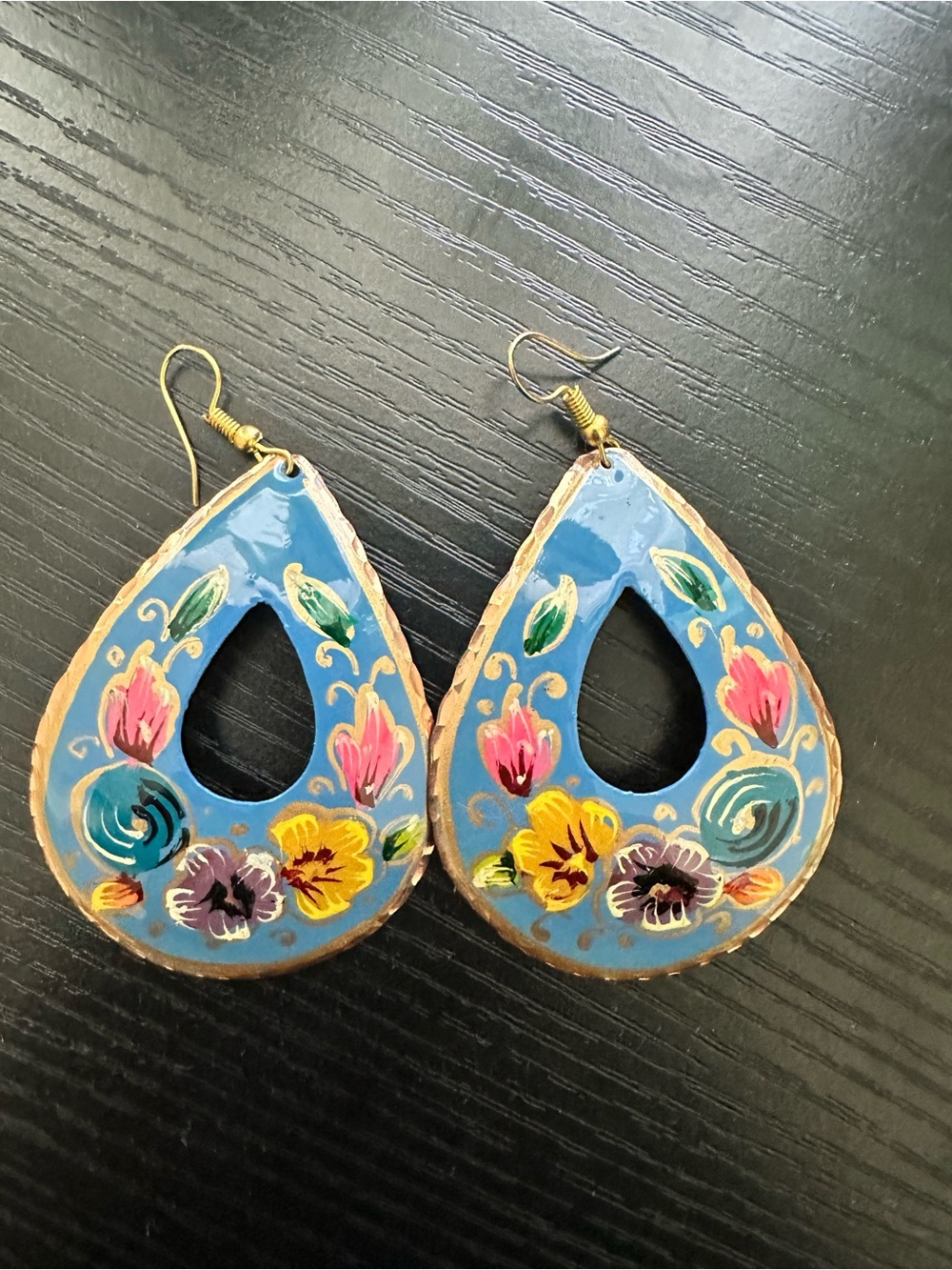 Hand-Painted Blue Floral Teardrop Earrings